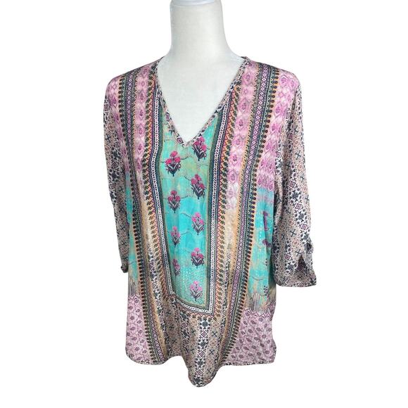 Tolani 100% Silk Printed Tunic Top Roll Tab Sleeves Beach Resort Vacation Large - Picture 5 of 14